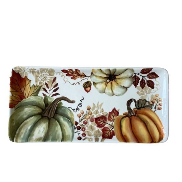 Maxcera Pumpkin Serving Platter 11x5 Ceramic Fall Harvest Thanksgiving NEW - Picture 1 of 11